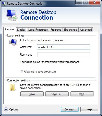 connect rdp credentials remote localhost desktop windows create use user enter connector current connection log